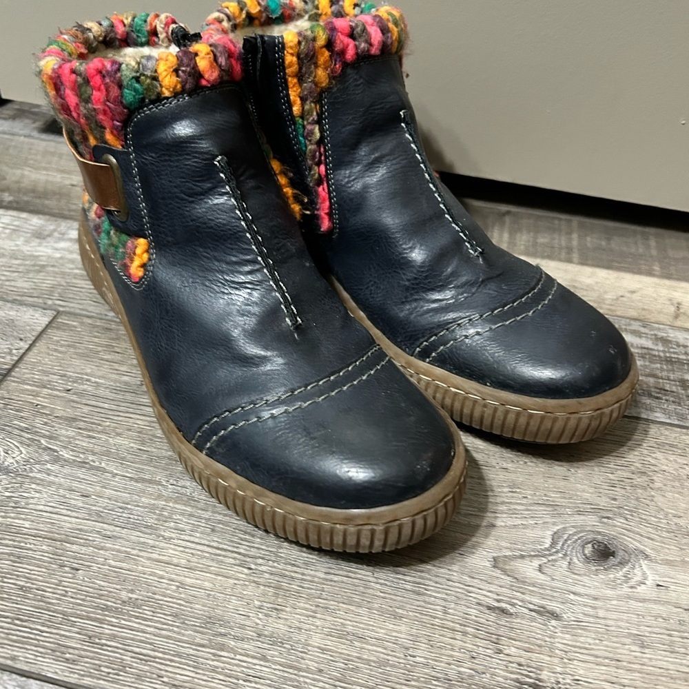 Rieker Navy Blue side zipper Ankle Boots with Colorful Knit Trim - Picture 2 of 11